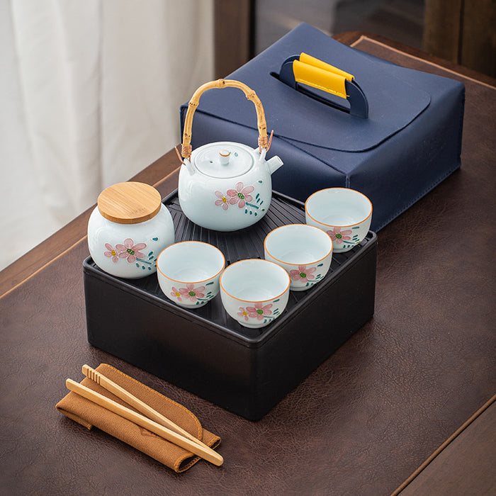 White Floral Ceramic Travel Kung Fu Tea Set