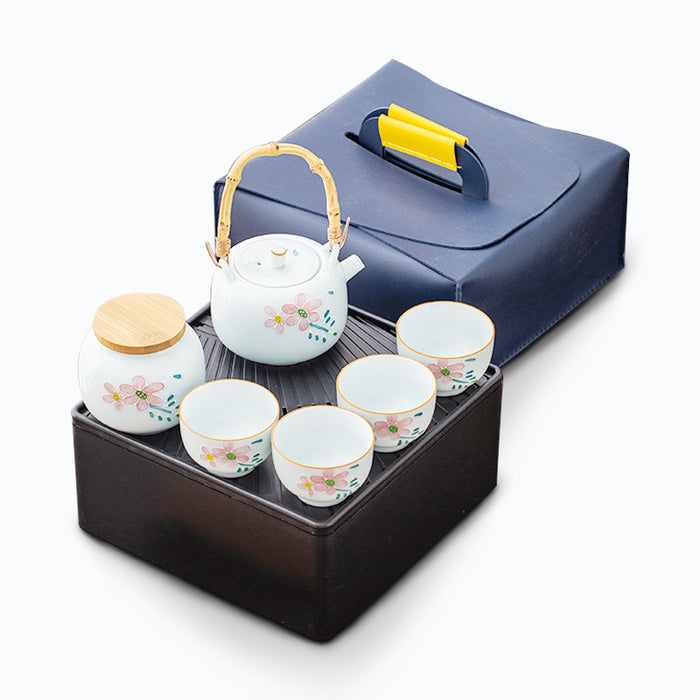 White Floral Ceramic Travel Kung Fu Tea Set