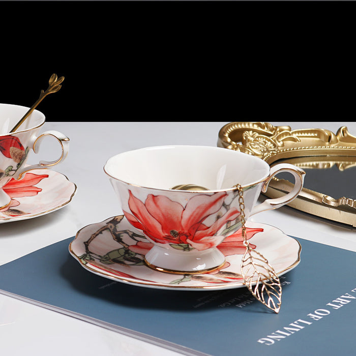 Red Flower Bone China Cup And Saucer Set