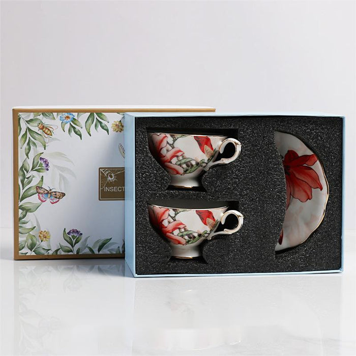 Red Flower Bone China Cup And Saucer Set