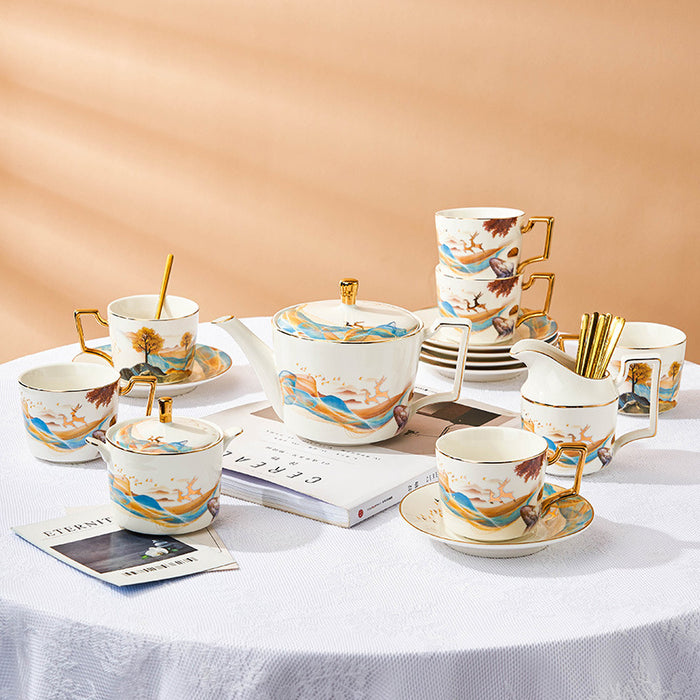 Goden Deer And Ink Landscape Tea Set