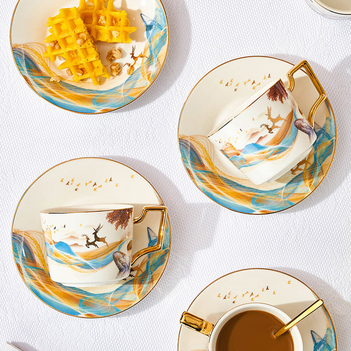 Goden Deer And Ink Landscape Tea Set