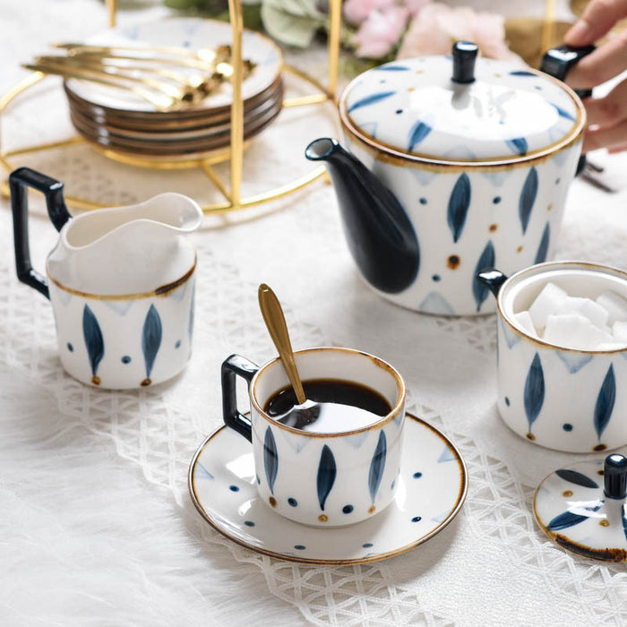 Hand-painted Blue Leaves-Shaped Coffee & Tea Set