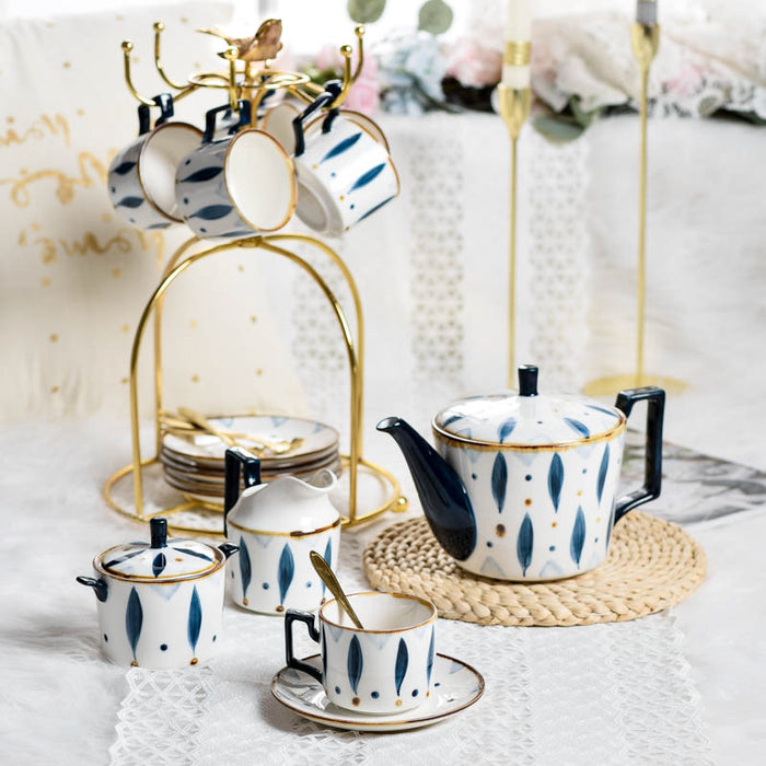 Hand-painted Blue Leaves-Shaped Coffee & Tea Set