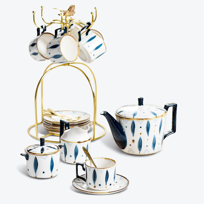 Hand-painted Blue Leaves-Shaped Coffee & Tea Set