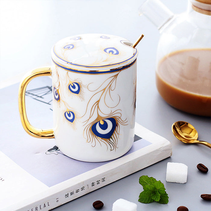 Golden Peacock Feather Mug Set