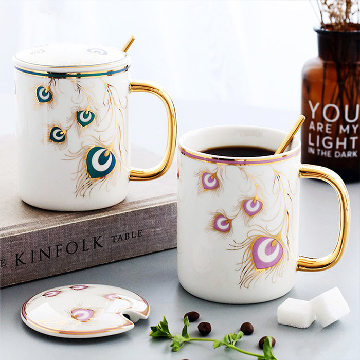 Golden Peacock Feather Mug Set