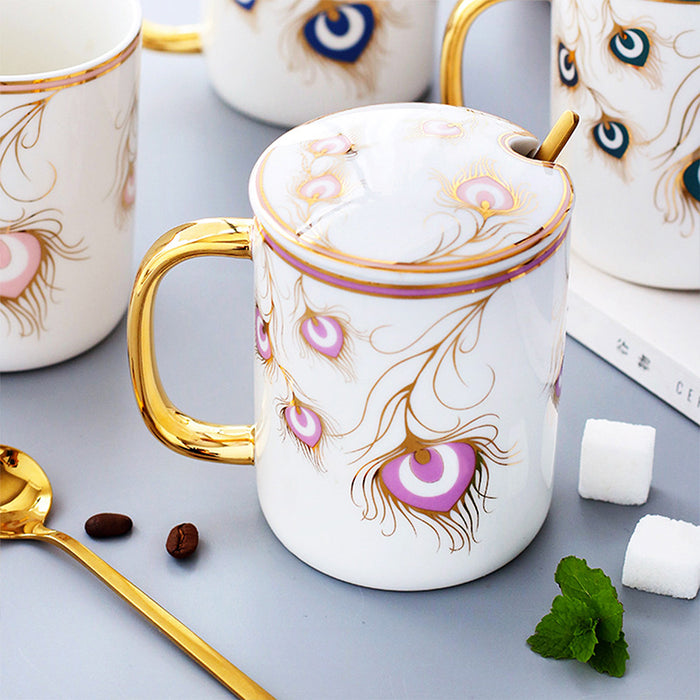 Golden Peacock Feather Mug Set