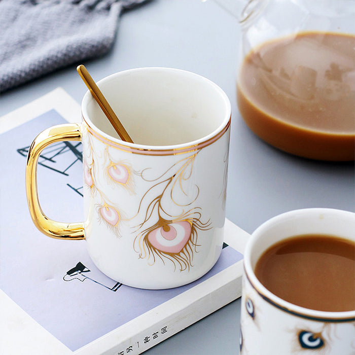 Golden Peacock Feather Mug Set