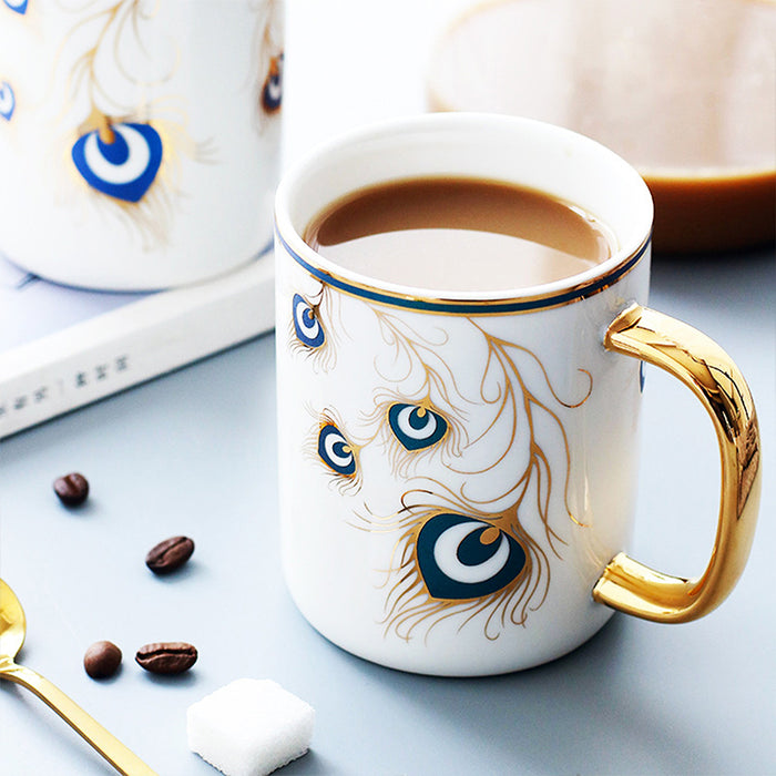 Golden Peacock Feather Mug Set