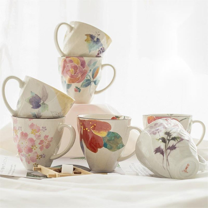 Japanese Style Blooming Flower Ceramic Mug