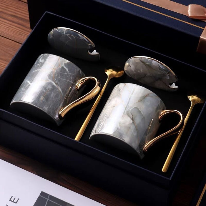 Nordic Fine Bone China Marble Texture Mug Set