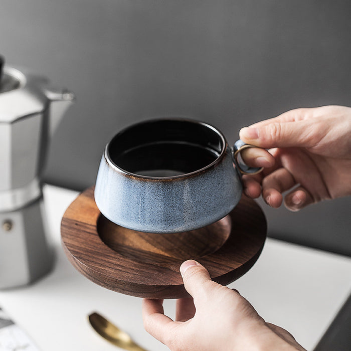 Japanese Ceramic Coffee Cup With Wooden Saucer