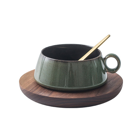 Japanese Ceramic Coffee Cup With Wooden Saucer