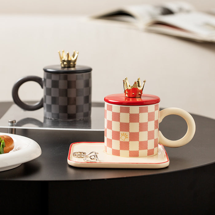Checkerboard Ceramic Coffee Cup With Lid