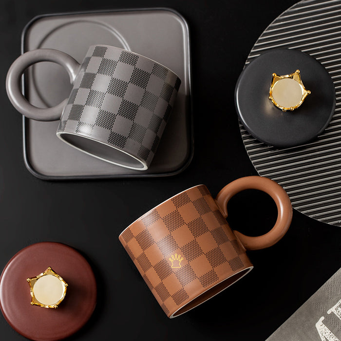 Checkerboard Ceramic Coffee Cup With Lid