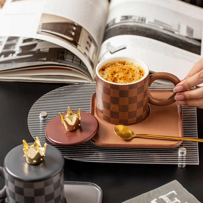Checkerboard Ceramic Coffee Cup With Lid
