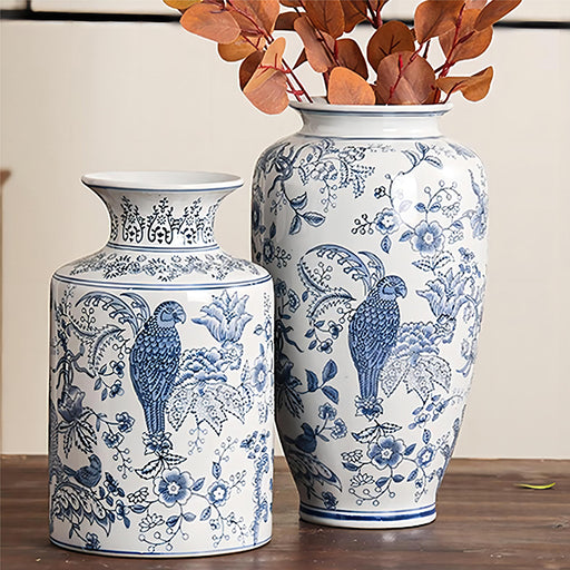 Hand Painted Parrot and Blue Flower Ceramic Vase-2