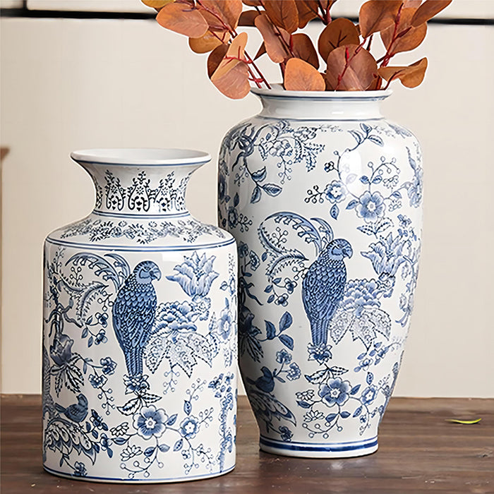 Hand Painted Parrot and Blue Flower Ceramic Vase-2