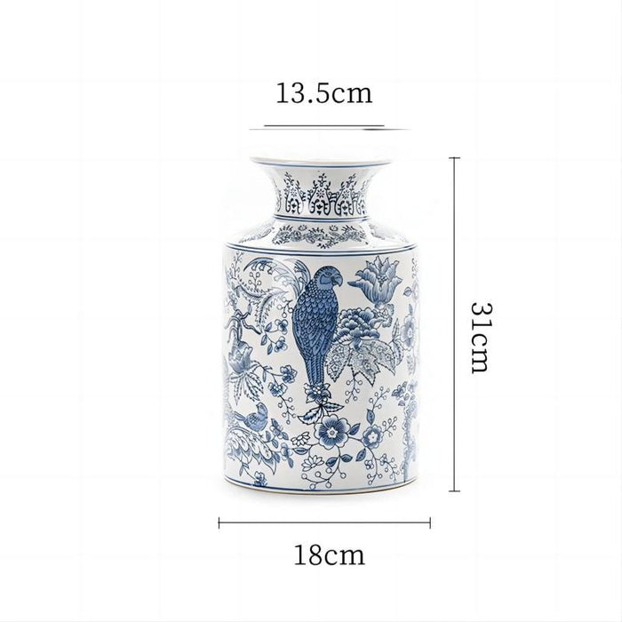 Hand Painted Parrot and Blue Flower Ceramic Vase-5