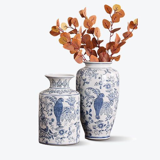 Hand Painted Parrot and Blue Flower Ceramic Vase-1