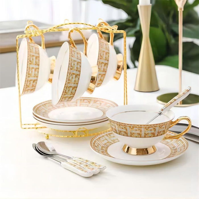 Retro Golden Rim Bone China Coffee Cup and Saucer Set of 6-3