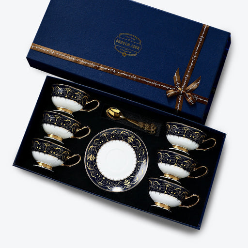 Black Golden Rim Bone China Coffee Cup and Saucer Set of 6-1