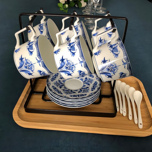 Blue Flower Bone China Coffee Cup and Saucer Set of 6-2
