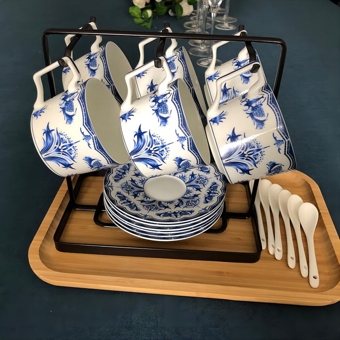 Blue Flower Bone China Coffee Cup and Saucer Set of 6-2