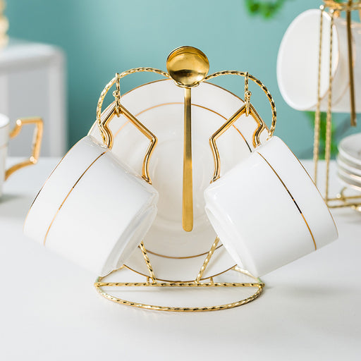 Golden Rim Simple White Ceramic Coffee Cup and Saucer Set-2