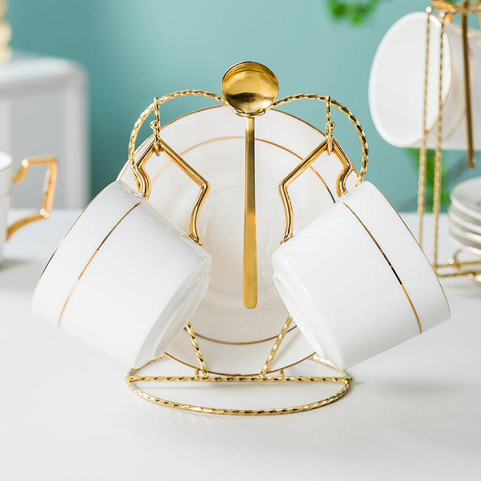 Golden Rim Simple White Ceramic Coffee Cup and Saucer Set-2