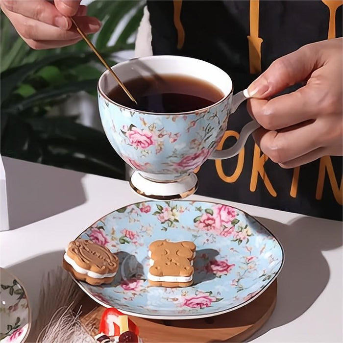 Pastoral Flowers Golden Rim Bone China Coffee Cup and Saucer Set-5