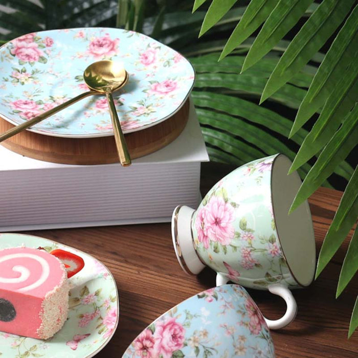 Pastoral Flowers Golden Rim Bone China Coffee Cup and Saucer Set-7