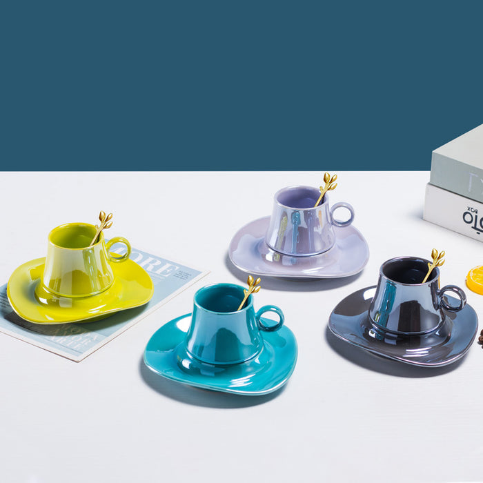 Solid Color Ceramic Coffee Cup with Lotus Leaf Design Saucer-8