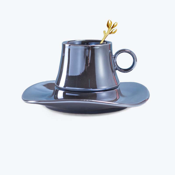 Solid Color Ceramic Coffee Cup with Lotus Leaf Design Saucer-7