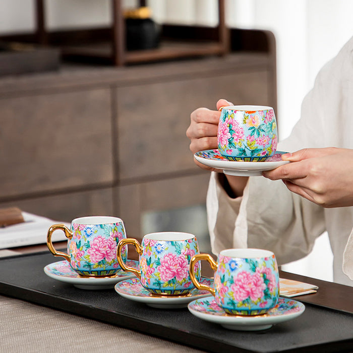 Golden Rim Enamel Ceramic Cup and Saucer Set of 6-4