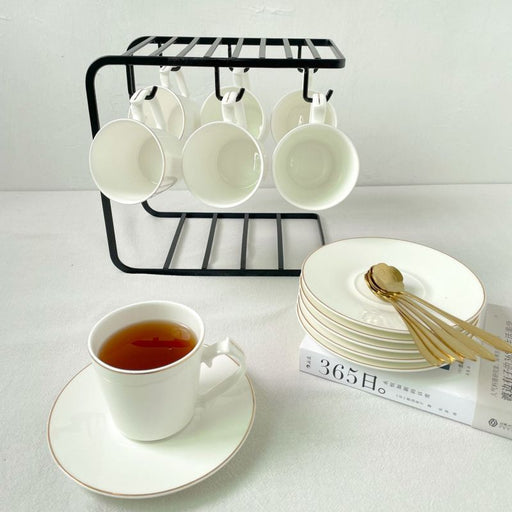 Elegant Golden Rim Bone China Coffee Cup and Saucer Set of 6-2