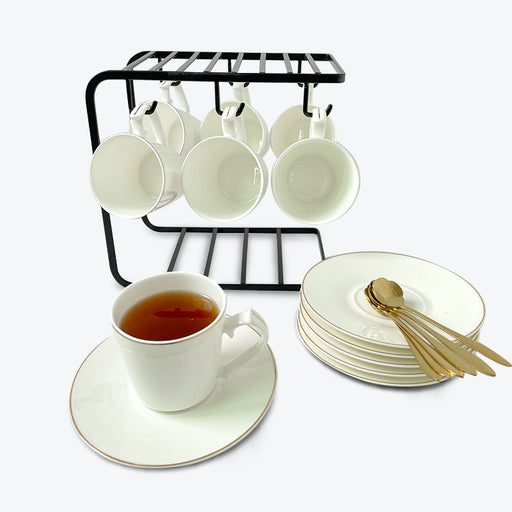 Elegant Golden Rim Bone China Coffee Cup and Saucer Set of 6-1