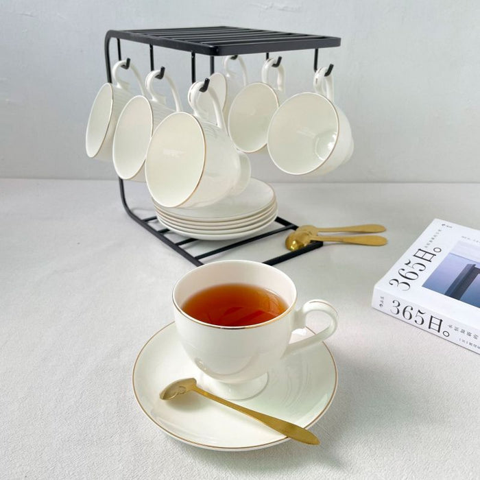 Elegant Golden Rim Bone China Coffee Cup and Saucer Set of 6-6