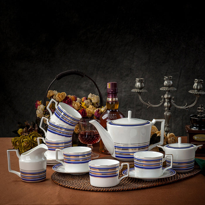 Blue Gold Stripe Bone China Tea Set-2