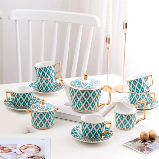 Bone China Green Diamond Grid Cup Tea Set-2