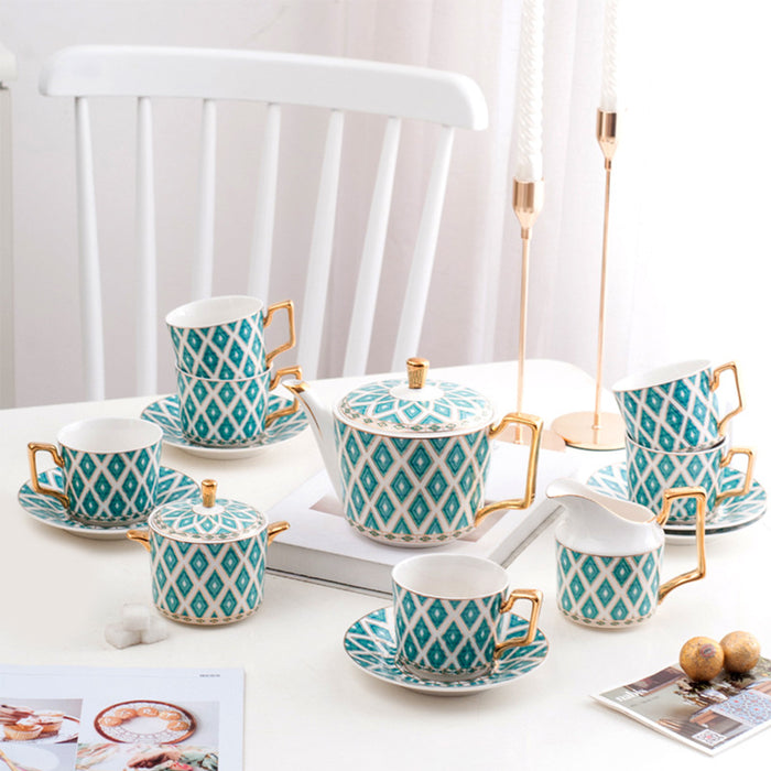 Bone China Green Diamond Grid Cup Tea Set-2