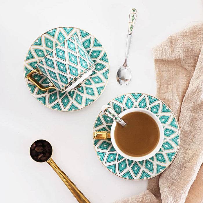 Bone China Green Diamond Grid Cup Tea Set-3