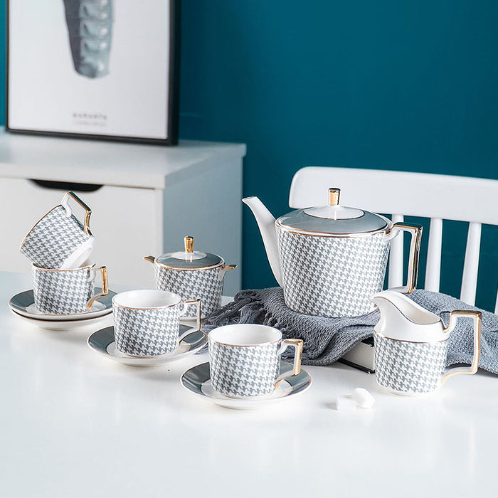 Bone China Houndstooth Gold Trim Ceramic Tea Set-2