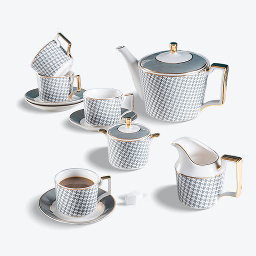 Bone China Houndstooth Gold Trim Ceramic Tea Set-1