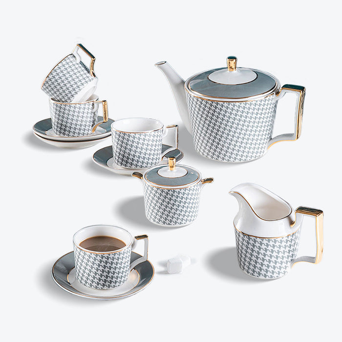 Bone China Houndstooth Gold Trim Ceramic Tea Set-1