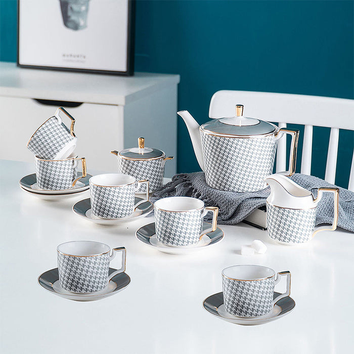 Bone China Houndstooth Gold Trim Ceramic Tea Set-6