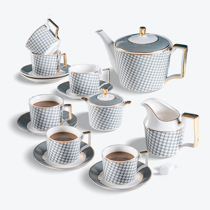 Bone China Houndstooth Gold Trim Ceramic Tea Set-5
