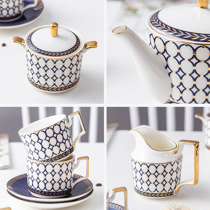 Bone China Blue Geometric Gold Trim Ceramic Tea Set-3