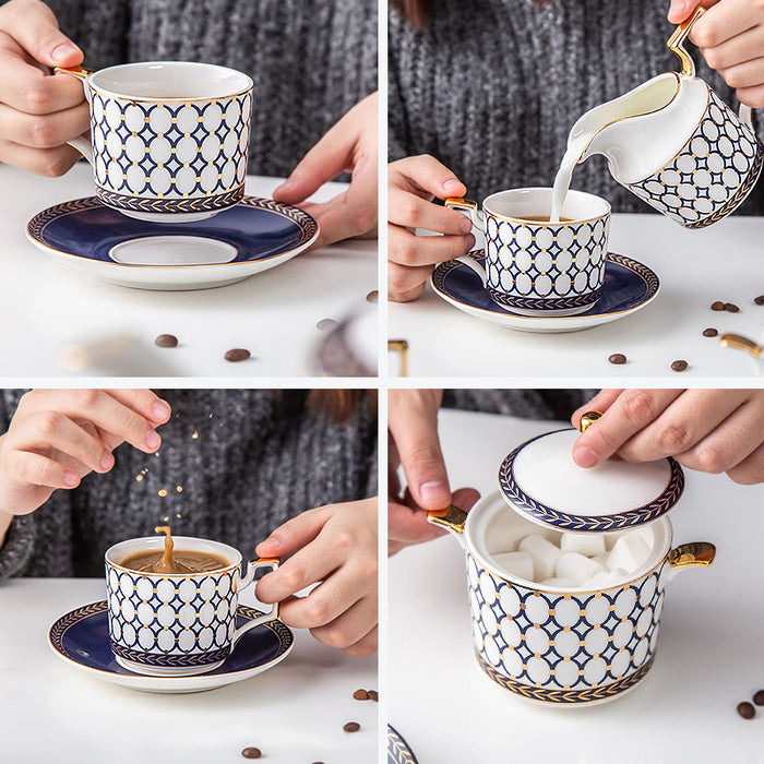 Bone China Blue Geometric Gold Trim Ceramic Tea Set-6